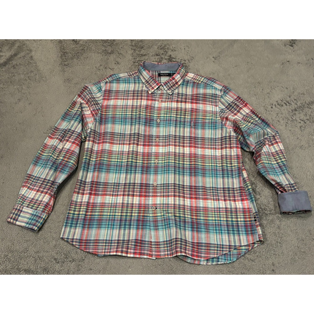 Nautica Shirt Mens 2XL XXL Multicolor Plaid Button Down Long Sleeve Cotton